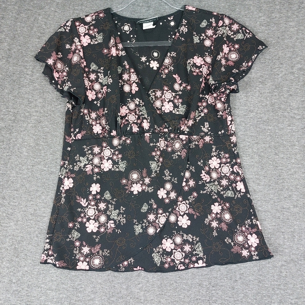 FASHION BUG WOMENS VINTAGE Y2K BLACK PINK FLORAL FLUTTER SLEEVE BABYDOLL TOP M